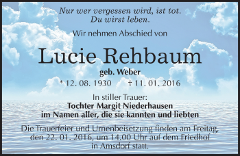 Traueranzeige von Lucie Rehbaum von Mitteldeutsche Zeitung Mansfelder Land