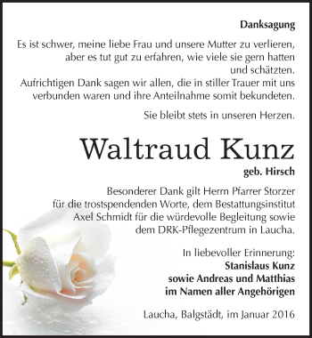 Traueranzeige von Waltraud Kunz von Mitteldeutsche Zeitung Naumburg/Nebra