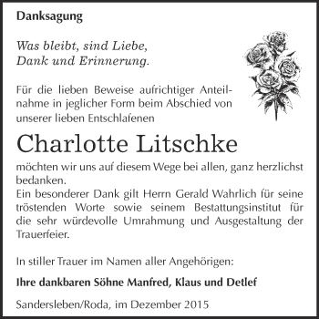 Traueranzeige von Charlotte Litschke von Super Sonntag SGH Mansf. Land