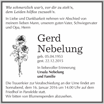 Traueranzeige von Gerd Nebelung von WVG - Wochenspiegel Quedlinburg