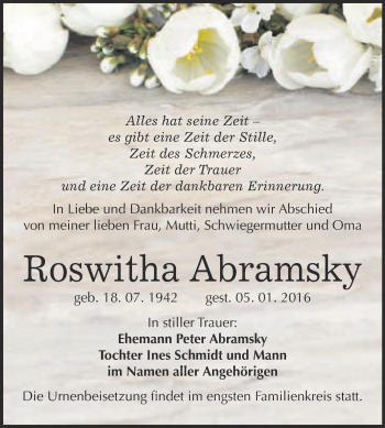 Traueranzeige von Roswitha Abramsky von WVG - Wochenspiegel NMB / WSF / ZTZ