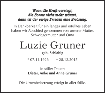 Traueranzeige von Luzie Gruner von WVG - Wochenspiegel Wittenberg