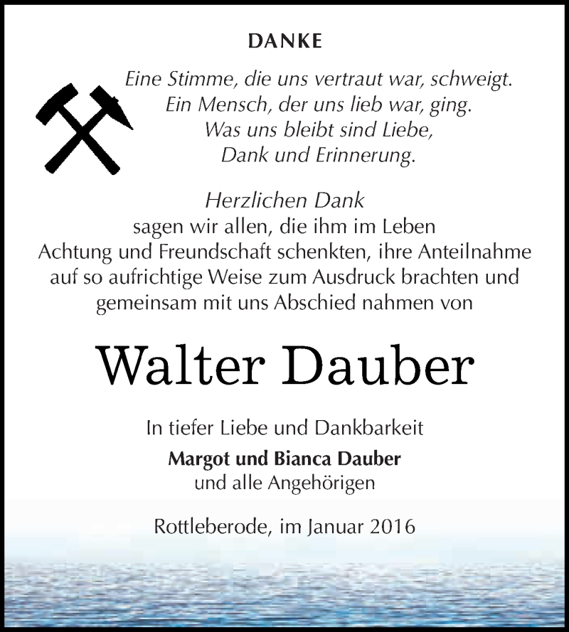  Traueranzeige für Walter Dauber vom 13.01.2016 aus WVG - Wochenspiegel SGH