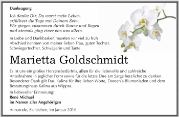 Traueranzeige von Marietta Goldschmidt von Super Sonntag SGH Mansf. Land