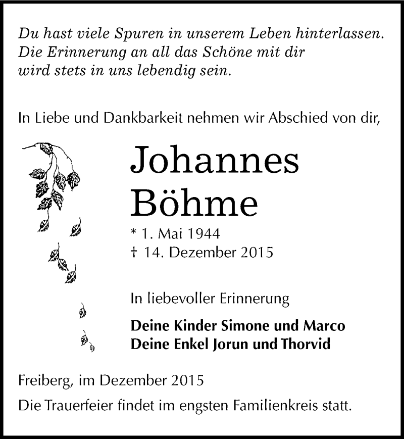  Traueranzeige für Johannes Böhme vom 08.01.2016 aus Mitteldeutsche Zeitung Weißenfels