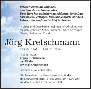 Traueranzeige von Jörg Kretschmann von Mitteldeutsche Zeitung Mansfelder Land