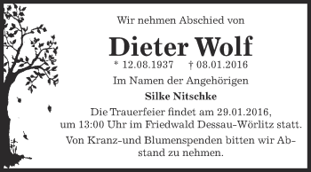 Traueranzeige von Dieter Wolf von WVG - Wochenspiegel Dessau / Köthen