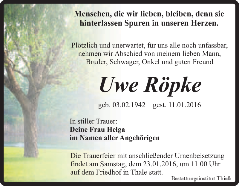  Traueranzeige für Uwe Röpke vom 16.01.2016 aus Super Sonntag Quedlinburg