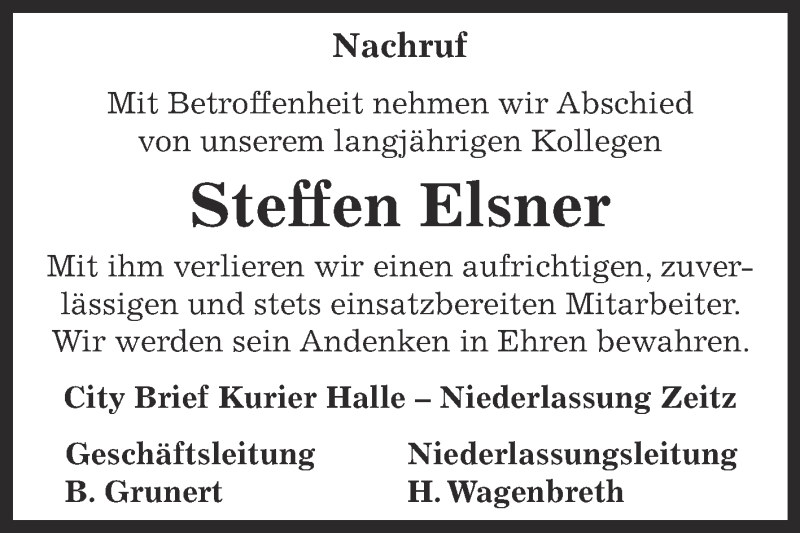  Traueranzeige für Steffen Elsner vom 09.01.2016 aus Super Sonntag Zeitz