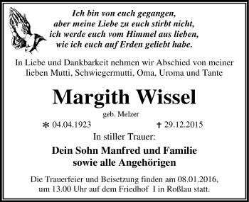 Traueranzeige von Margith Wissel von Mitteldeutsche Zeitung Dessau-Roßlau