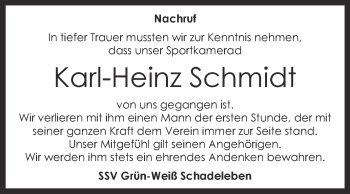 Traueranzeige von Karl-Heinz Schmidt von Super Sonntag Aschersleben