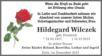 Traueranzeige von Hildegard Wilczek von Super Sonntag Zeitz