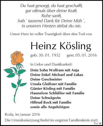 Traueranzeige von Heinz Kösling von Super Sonntag Zeitz