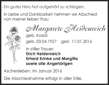 Traueranzeige von Margarete Heidenreich von Super Sonntag Aschersleben