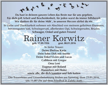 Traueranzeige von Rainer Korwitz von Mitteldeutsche Zeitung Köthen