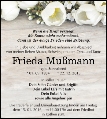 Traueranzeige von Frieda Mußmann von WVG - Wochenspiegel Dessau / Köthen
