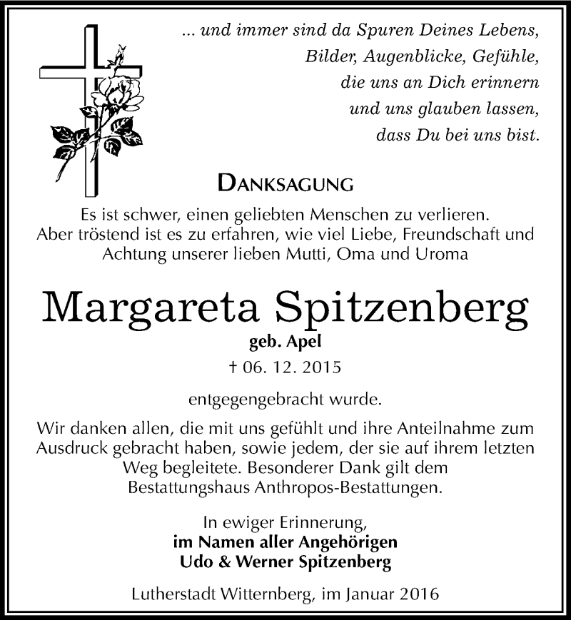  Traueranzeige für Margareta Spitzenberg vom 16.01.2016 aus Mitteldeutsche Zeitung Wittenberg