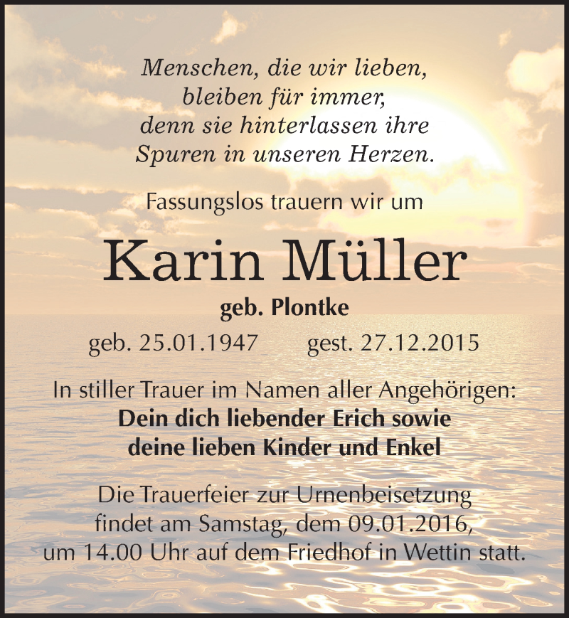  Traueranzeige für Karin Müller vom 02.01.2016 aus Mitteldeutsche Zeitung Halle/Saalkreis