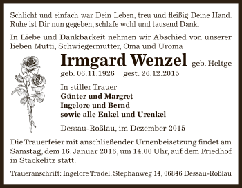 Traueranzeige von Irmgard Wenzel von WVG - Wochenspiegel Dessau / Köthen