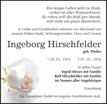 Traueranzeige von Ingeborg Hirschfelder von Mitteldeutsche Zeitung Naumburg/Nebra