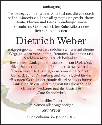 Traueranzeige von Dietrich Weber von WVG - Wochenspiegel Wittenberg