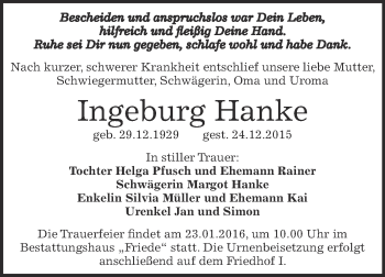 Traueranzeige von Ingeburg Hanke von WVG - Wochenspiegel Dessau / Köthen