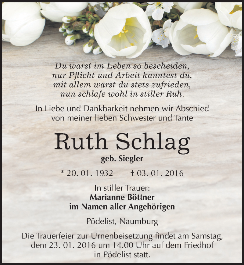 Traueranzeige für Ruth Schlag vom 09.01.2016 aus Mitteldeutsche Zeitung Naumburg/Nebra