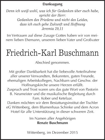 Traueranzeige von Friedrich-Karl Buschmann von WVG - Wochenspiegel Wittenberg