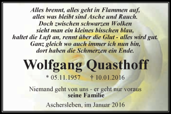 Traueranzeige von Wolfgang Quasthoff von Super Sonntag Aschersleben