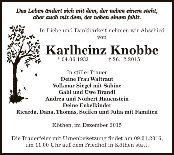 Traueranzeige von Karlheinz Knobbe von WVG - Wochenspiegel Dessau / Köthen