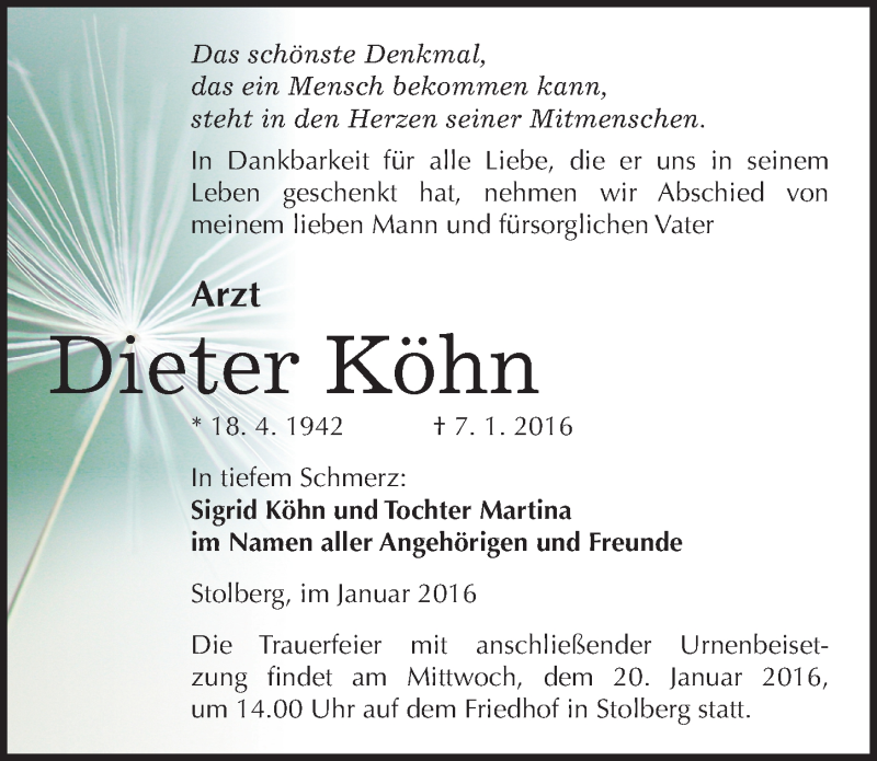  Traueranzeige für Dieter Köhn vom 13.01.2016 aus Mitteldeutsche Zeitung Sangerhausen