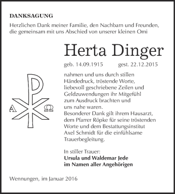 Traueranzeige von Herta Dinger von WVG - Wochenspiegel NMB / WSF / ZTZ