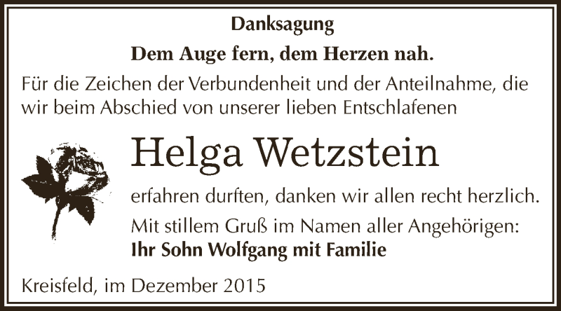  Traueranzeige für Helga Wetzstein vom 02.01.2016 aus Super Sonntag SGH Mansf. Land