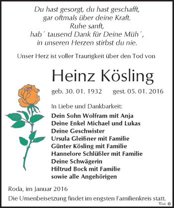 Traueranzeige von Heinz Kösling von Mitteldeutsche Zeitung Zeitz