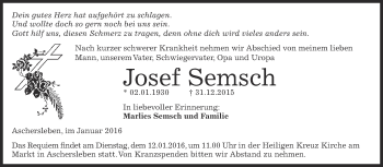 Traueranzeige von Josef Semsch von Super Sonntag Aschersleben