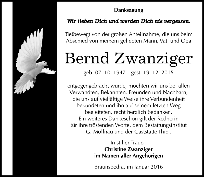  Traueranzeige für Bernd Zwanziger vom 16.01.2016 aus Mitteldeutsche Zeitung Merseburg/Querfurt