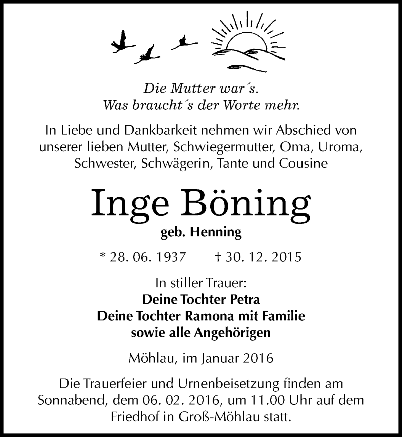  Traueranzeige für Inge Böning vom 09.01.2016 aus Mitteldeutsche Zeitung Wittenberg