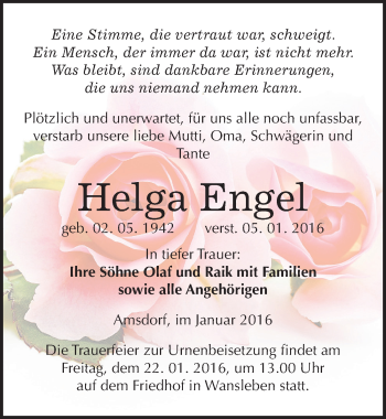 Traueranzeige von Helga Engel von Mitteldeutsche Zeitung Mansfelder Land