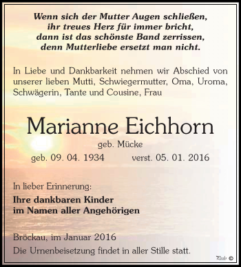 Traueranzeige von Marianne Eichhorn von Super Sonntag Zeitz