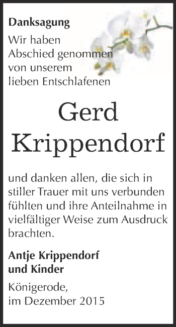 Traueranzeige von Gerd Krippendorf von WVG - Wochenspiegel Quedlinburg