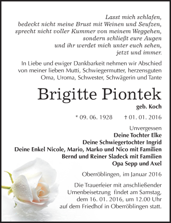Traueranzeige von Brigitte Piontek von Mitteldeutsche Zeitung Sangerhausen