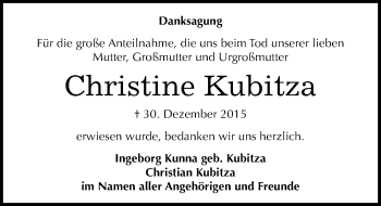 Traueranzeige von Christine Kubitza von Mitteldeutsche Zeitung Wittenberg
