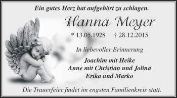 Traueranzeige von Hanna Meyer von WVG - Wochenspiegel Dessau / Köthen