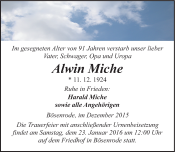 Traueranzeige von Alwin Miche von Mitteldeutsche Zeitung Sangerhausen