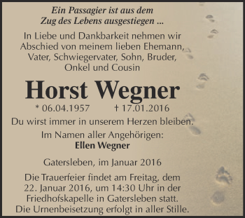 Traueranzeige von Horst Wegner von Super Sonntag Aschersleben