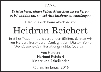 Traueranzeige von Heidrun Reichert von WVG - Wochenspiegel Dessau / Köthen