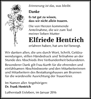 Traueranzeige von Elfriede Hentrich von Mitteldeutsche Zeitung Mansfelder Land
