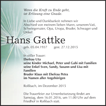 Traueranzeige von Hans Gattke von WVG - Wochenspiegel Merseburg