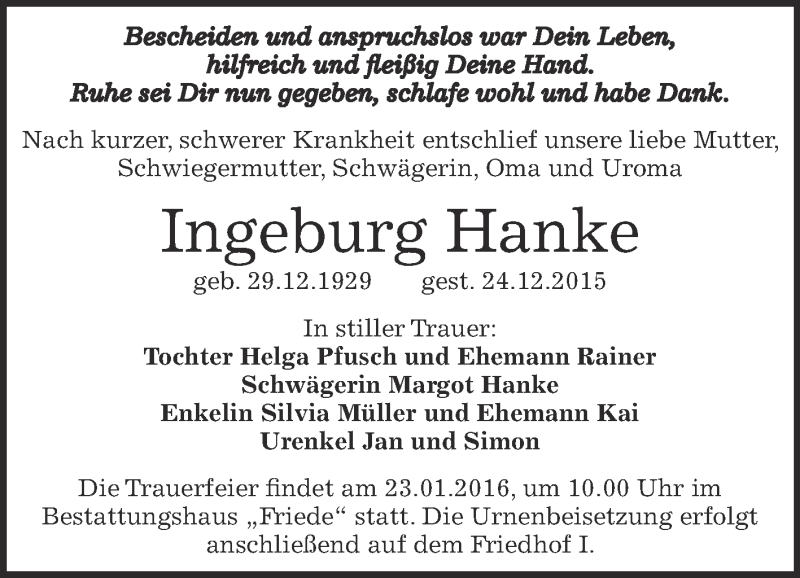  Traueranzeige für Ingeburg Hanke vom 09.01.2016 aus WVG - Wochenspiegel Dessau / Köthen