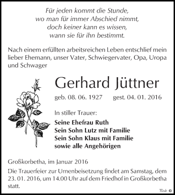 Traueranzeige von Gerhard Jüttner von WVG - Wochenspiegel NMB / WSF / ZTZ